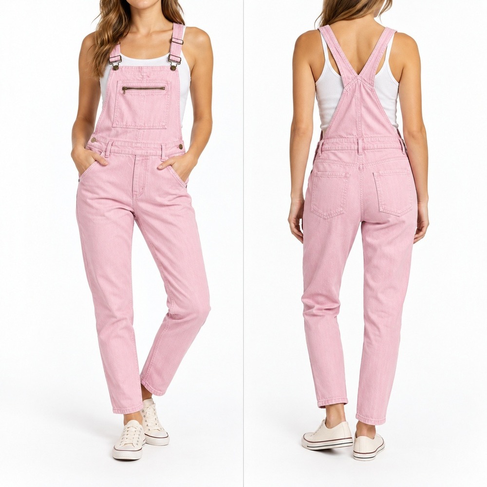 Forever 21 Overalls Womens 29 Pink Denim Skinny Slim Fit Bib Side Zip Jumpsuit